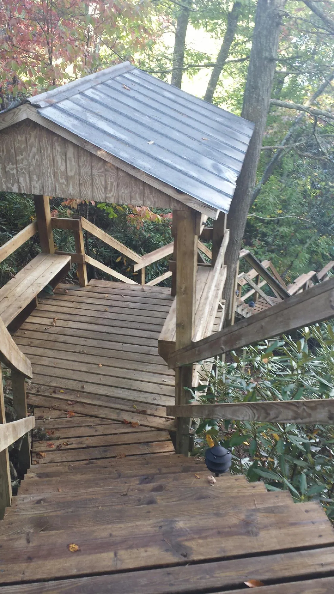 Metal roofed shelter over wooden steps on a wooded walkway — Skylight Repair & Installation work by our crew in Poolville
